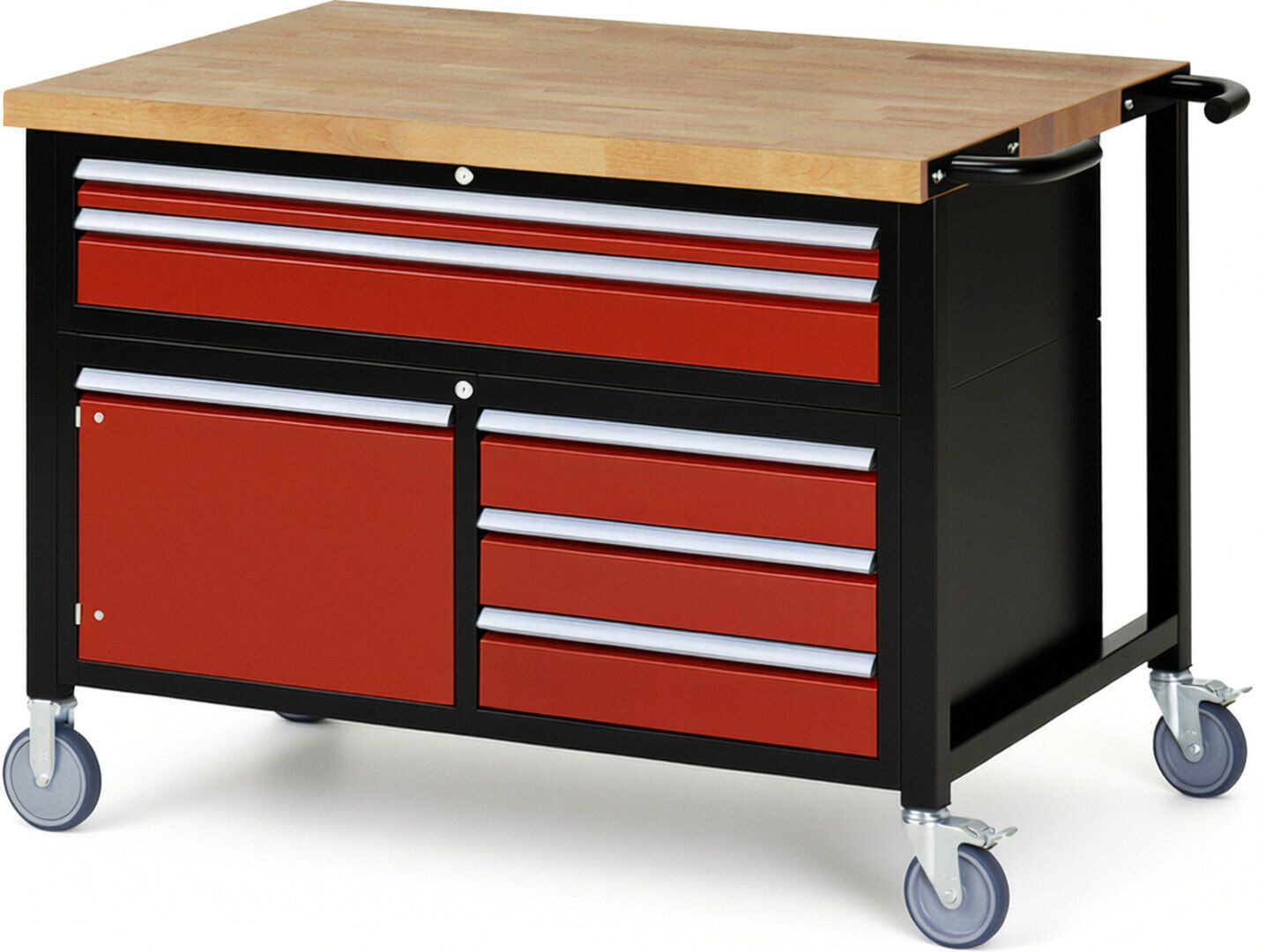 Mobile Werkbank, Schrank - 5 Schubladen - Teilauszug - 60:1/120:4 - Höhe 920-1.120 mm - 1.250 x 900 mm - 450 kg - Anthrazitgrau