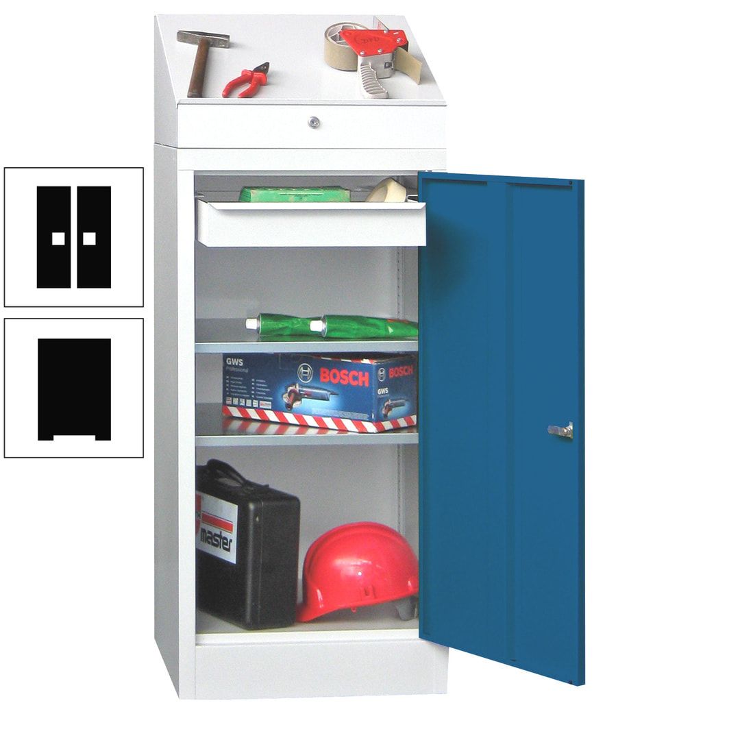 Stehpult mit Schrank - Vollblechtür - 1 Einlegeboden, 1 Ausziehboden, 1 Schublade - 1.270x500x500 mm (HxBxT) - anthrazitgrau