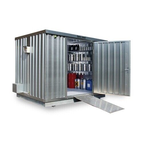 Gefahrstoffcontainer - Gefahrstoffdepot - 2.350 x 3.050 x 2.170 mm (HxBxT) - Auffangvolumen 1.030 l - Sensorlüfter - Doppelflügeltür kurze Seite