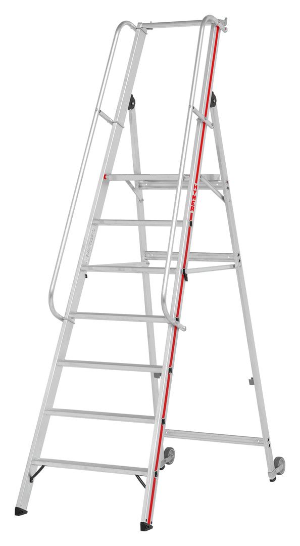 Plattformleiter mit langem Handlauf - Kipprollen - Leiterlänge 1.950 mm - mit Einhängehaken und Ablageschale - Aluleiter - Hymer
