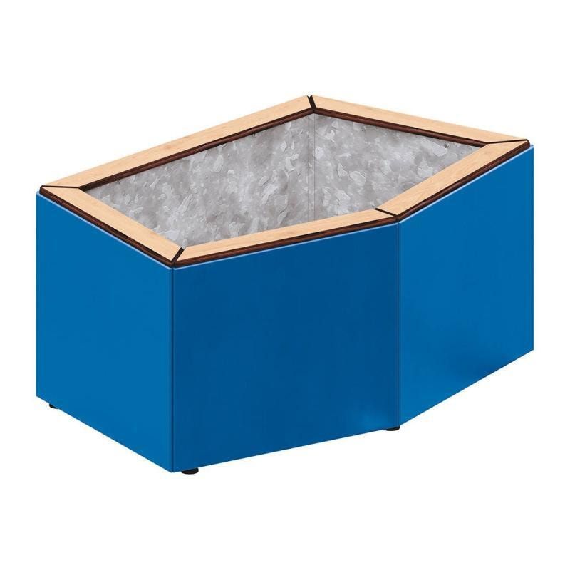 Pflanzbehälter, modular, pentagonale Form, fvz Stahlblech, innen Geotextilfolie, verstellbare Füße, 465 x 1.065 x 665 mm (HxBxT), Farbe Enzianblau