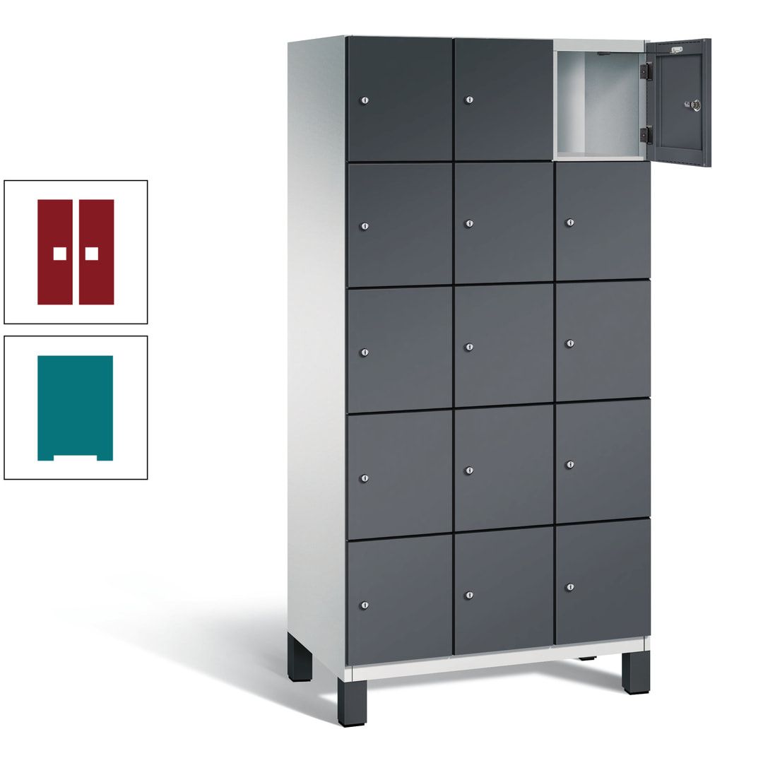 Fächerschrank, Stahlschrank, 15 Fächer, Türöffnungsbegrenzer, Füße, 1.980 x 900 x 525 mm (HxBxT), Korpus anthrazitgrau, Front anthrazitgrau