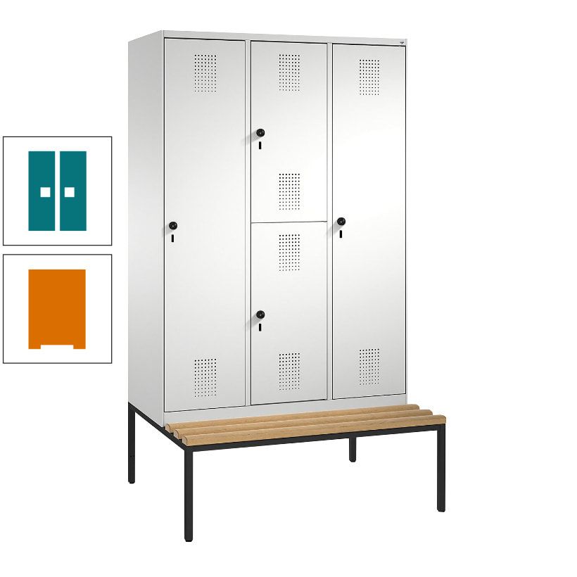 Garderobenschrank, Spind ein- und doppelstöckig Sitzbank, 3 Abteile, 4 Fächer, 2.090x1.200x500 mm (HxBxT), Front anthrazitgrau, Korpus anthrazitgrau