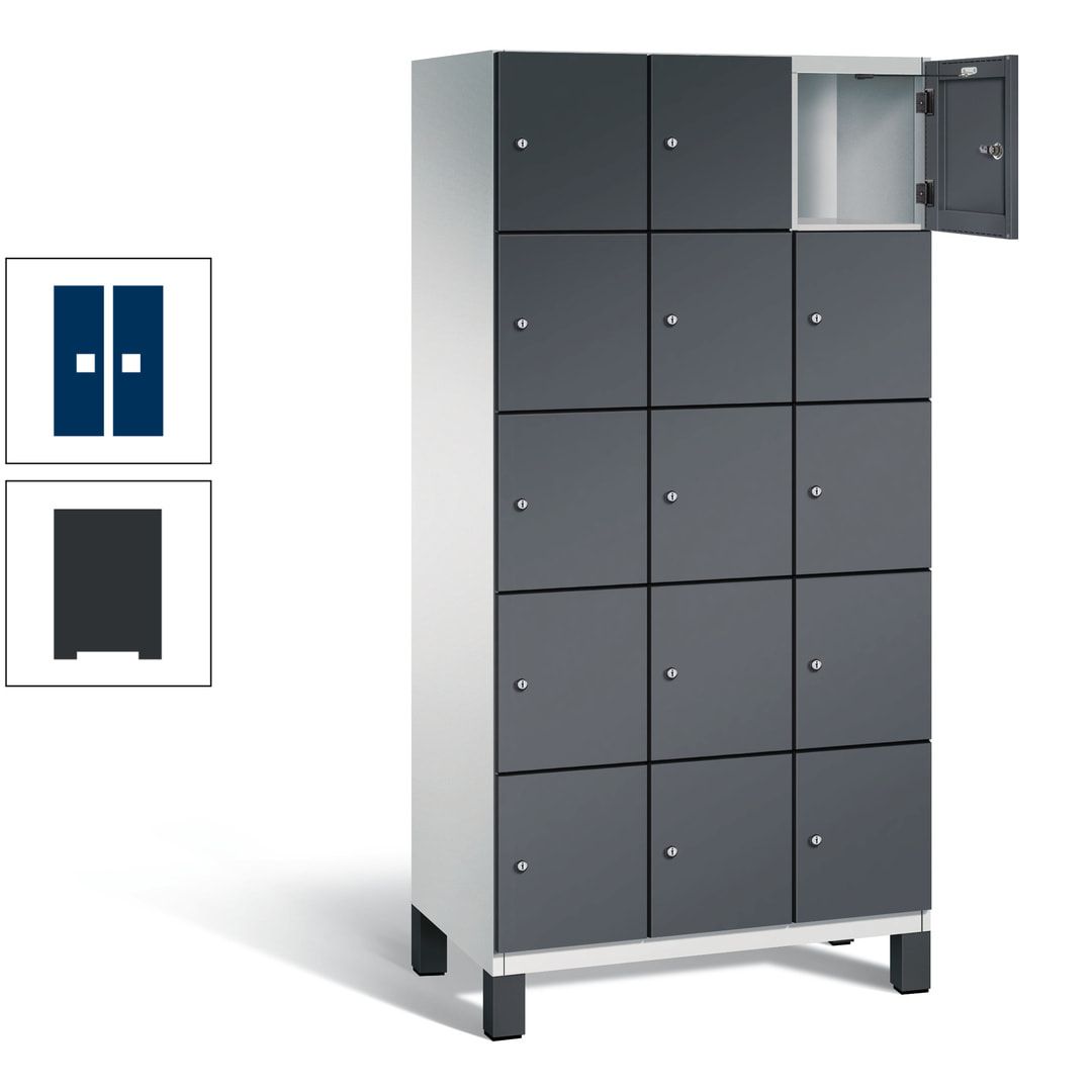 Fächerschrank, Stahlschrank, 15 Fächer, Türöffnungsbegrenzer, Füße, 1.980 x 900 x 525 mm (HxBxT), Korpus anthrazitgrau, Front anthrazitgrau