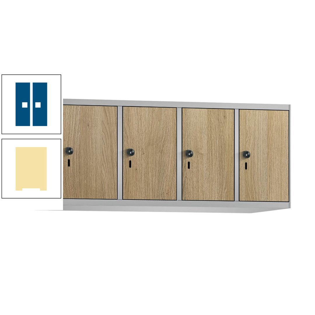 Aufsatzschrank, Schrankaufsatz, 4 Fächer a 300 mm, Farbe Pastellgelb, Tür anthrazitgrau, 500 x 1.200 x 500 mm (HxBxT)