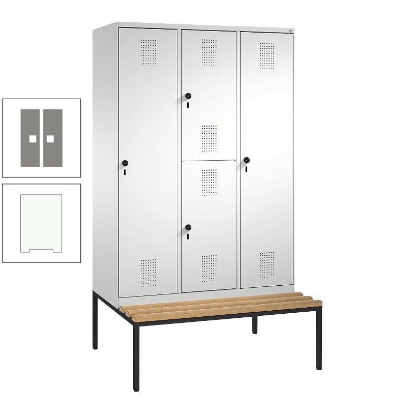 Garderobenschrank, Spind ein- und doppelstöckig Sitzbank, 3 Abteile, 4 Fächer, 2.090x1.200x500 mm (HxBxT), Front anthrazitgrau, Korpus anthrazitgrau
