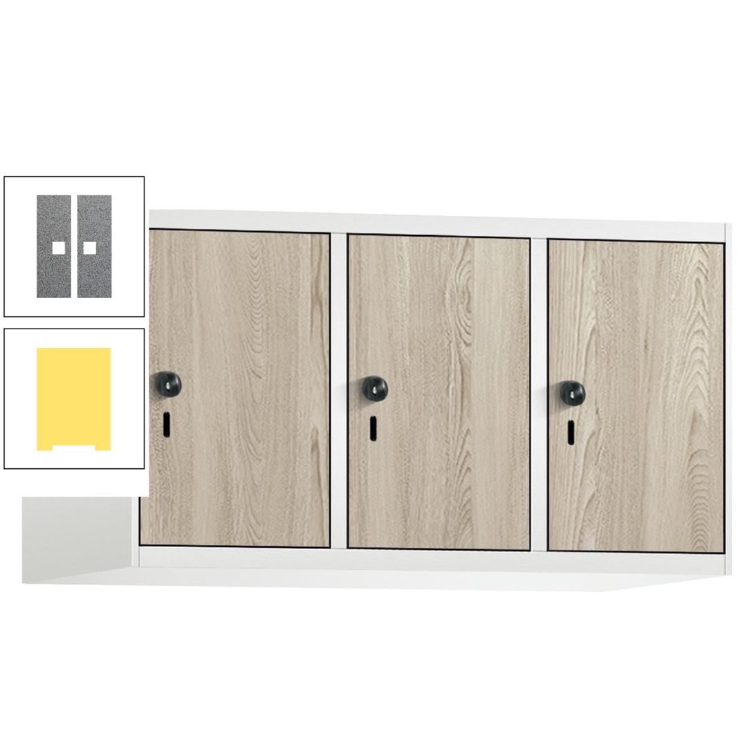 Aufsatzschrank, Schrankaufsatz, 3 Fächer a 300 mm, Farbe Pastellgelb, Tür anthrazitgrau, 500 x 900 x 500 mm (HxBxT)