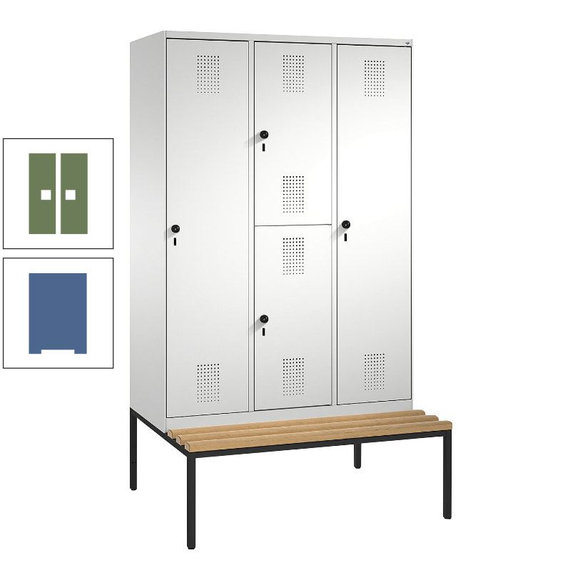 Garderobenschrank, Spind ein- und doppelstöckig Sitzbank, 3 Abteile, 4 Fächer, 2.090x1.200x500 mm (HxBxT), Front anthrazitgrau, Korpus anthrazitgrau