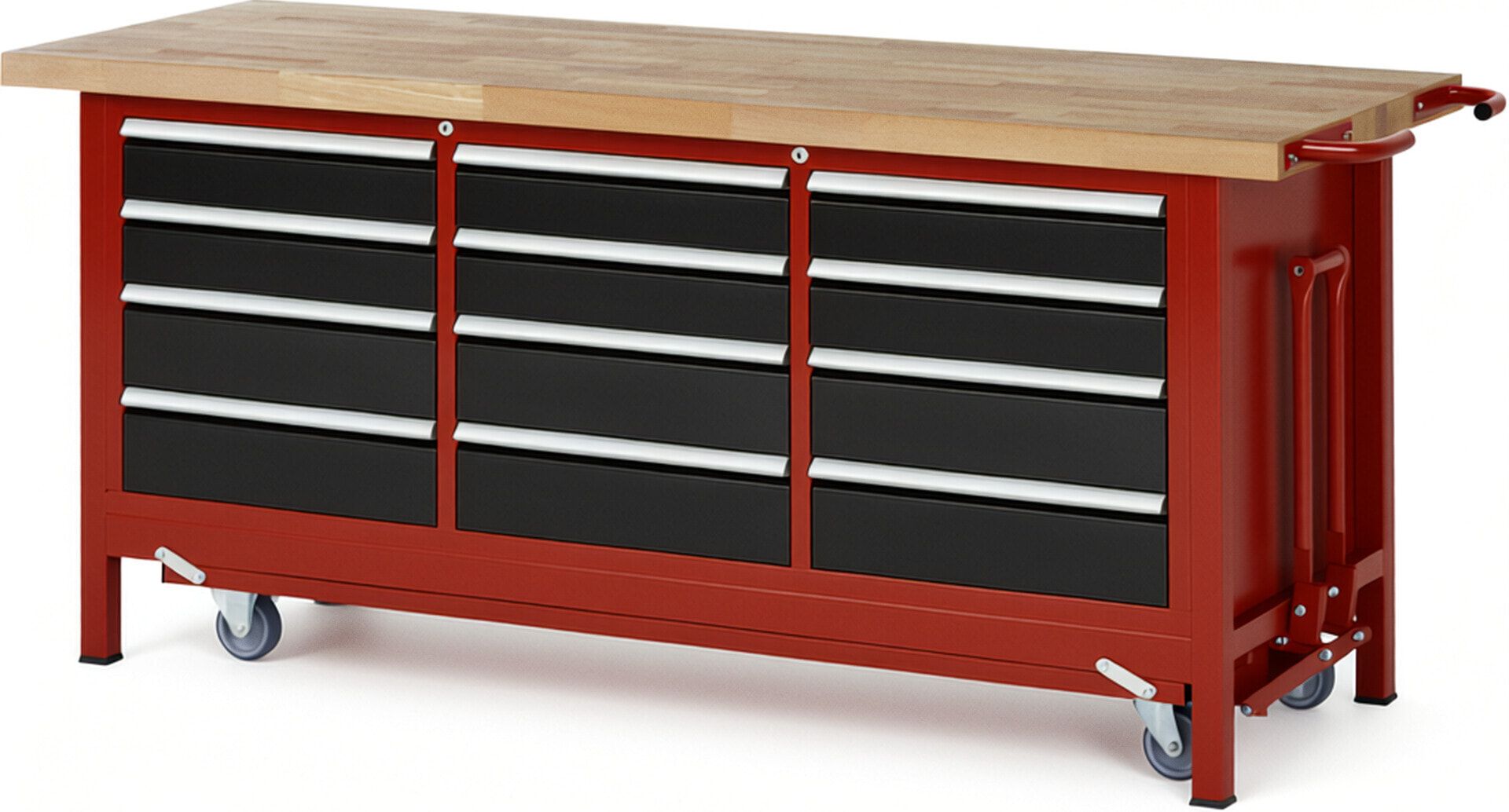 Mobile absenkbare Werkbank, 12 Schubladen - Teilauszug - 120:6/150:6 - 880 x 2.000 x 700 mm (HxBxT) - 1,25 t - Buche - Anthrazitgrau