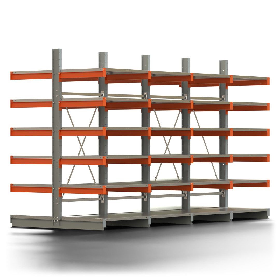 Doppelseitiges Kragarmregal mit Fachböden, 2 Felder, 2.500 x 2.000 (HxB), Nutztiefe 1.000 mm, Kragarmlast 450 kg, KARL basic, silbergrau/reinorange