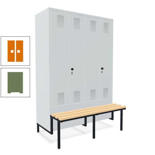 Doppel-Spind, Garderobenschrank, Buche Sitzbank integriert, 4 Abteile 300 mm, Korpus anthrazitgrau, Tür anthrazitgrau, 1.850 x 1.200 x 815 mm (HxBxT)