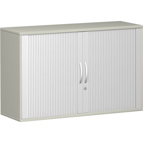 Anstell-Querrollladenschrank, Dekoreinlageboden, Stellfüße, abschließbar, 720 x 1.000 x 425 mm (HxBxT), Korpusfarbe Ahorn, Frontfarbe silber