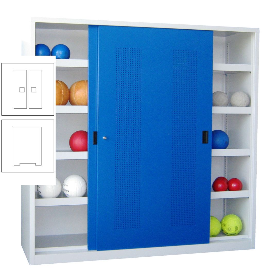 Ballschrank - Schiebetüren mit Lochfeld - Trennwand - 8 Böden - 1.950x2.000x600 mm (HxBxT) - anthrazitgrau