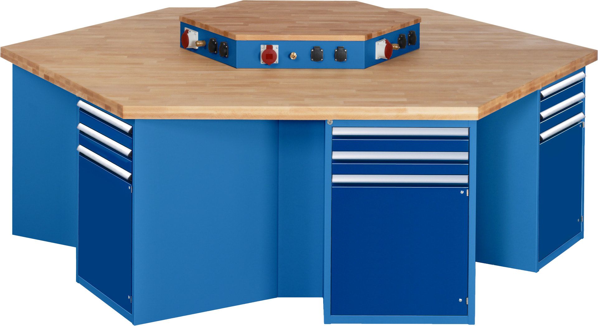 Gruppenwerkbank, Buche, Höhe 840 mm, mit Energieaufsatz, Unterbau-Container, 2 Schubladen, 1 Tür, 1 Boden - Anthrazitgrau
