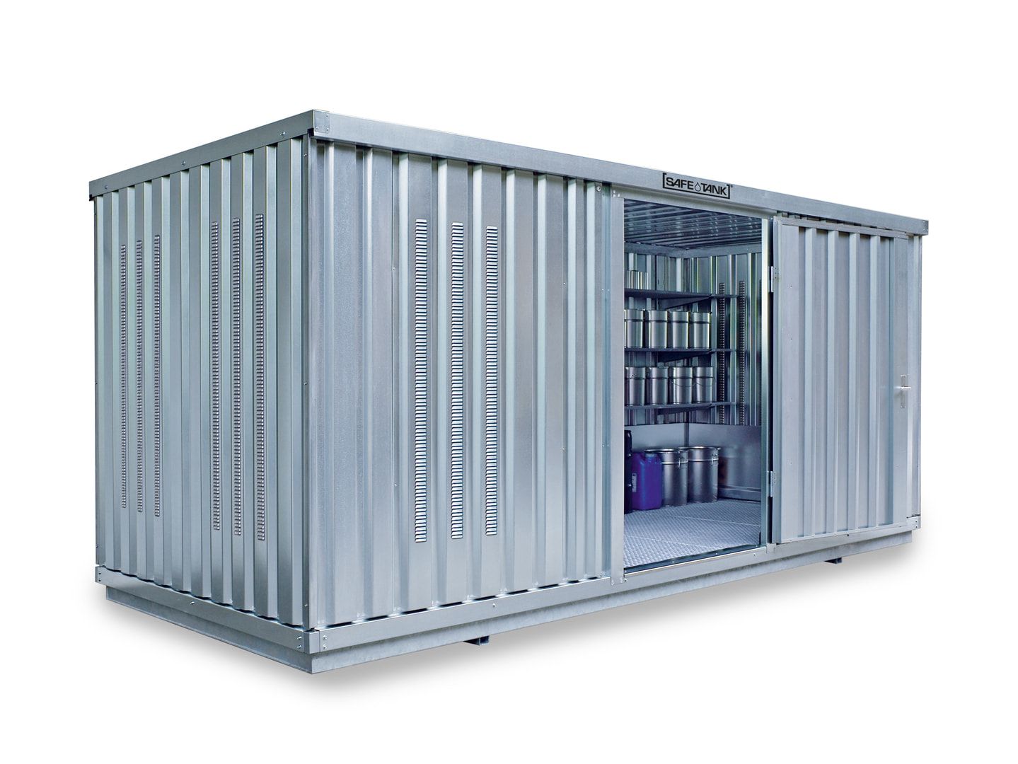 Gefahrstoffcontainer - Gefahrstoffdepot - 2.300 x 5.080 x 2.170 mm (HxBxT) - Auffangvolumen 1.480 l - Lüftungsschlitze - Doppelflügeltür kurze Seite
