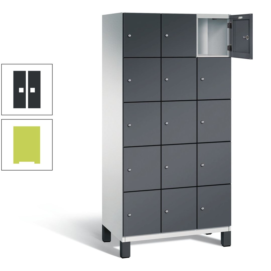 Fächerschrank, Stahlschrank, 15 Fächer, Türöffnungsbegrenzer, Füße, 1.980 x 900 x 525 mm (HxBxT), Korpus anthrazitgrau, Front anthrazitgrau
