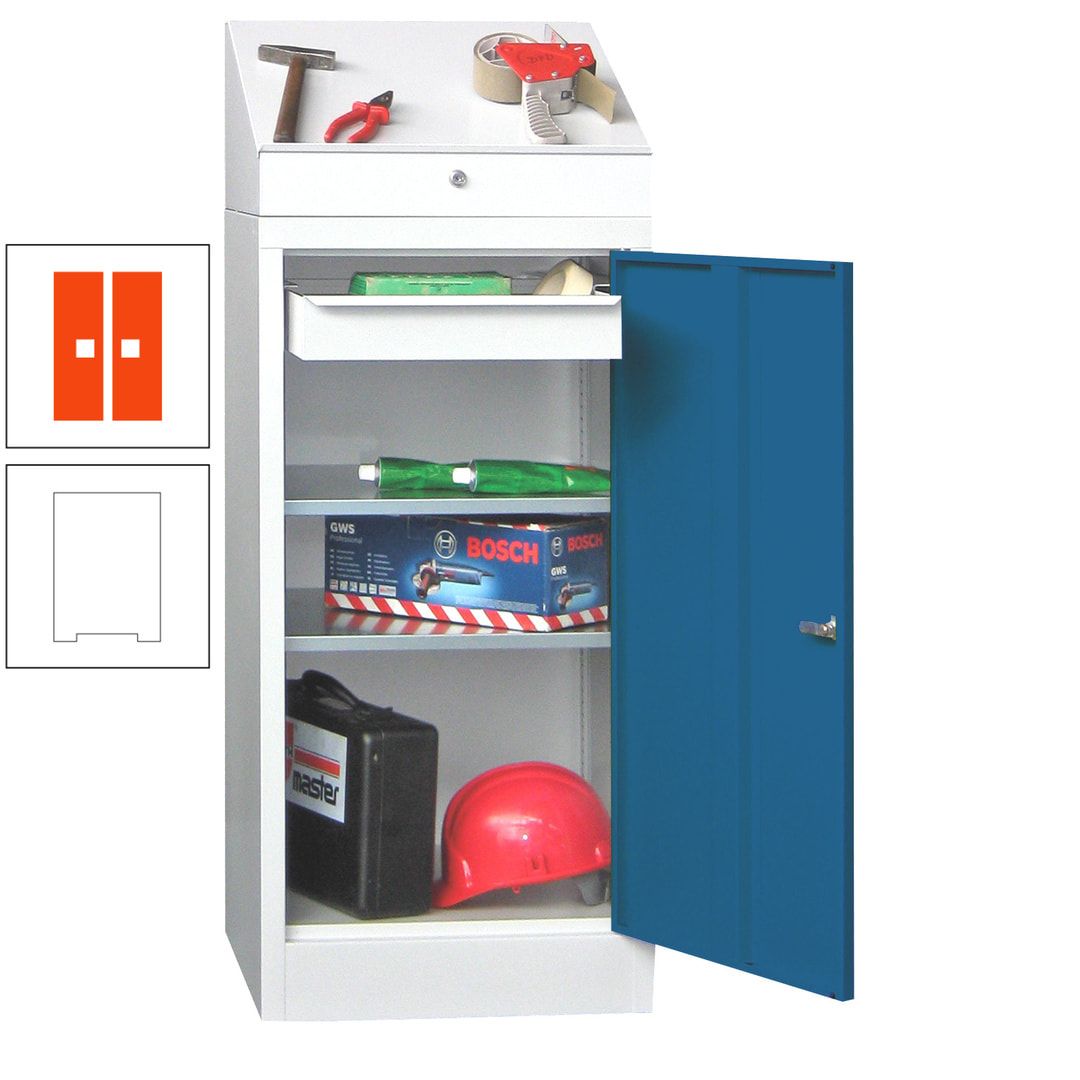 Stehpult mit Schrank - Vollblechtür - 1 Einlegeboden, 1 Ausziehboden, 1 Schublade - 1.270x500x500 mm (HxBxT) - anthrazitgrau
