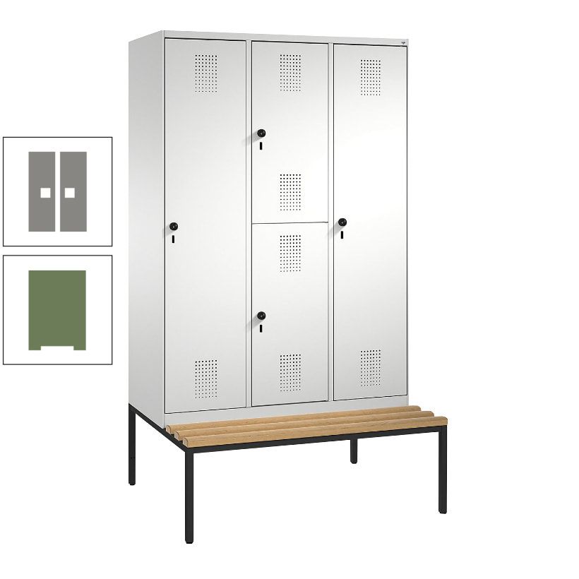 Garderobenschrank, Spind ein- und doppelstöckig Sitzbank, 3 Abteile, 4 Fächer, 2.090x1.200x500 mm (HxBxT), Front anthrazitgrau, Korpus anthrazitgrau