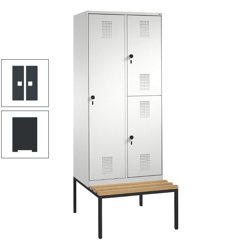 Garderobenschrank, Spind ein- und doppelstöckig Sitzbank, 2 Abteile, 3 Fächer, 2.090 x 800 x 500 mm (HxBxT), Front anthrazitgrau, Korpus anthrazitgrau