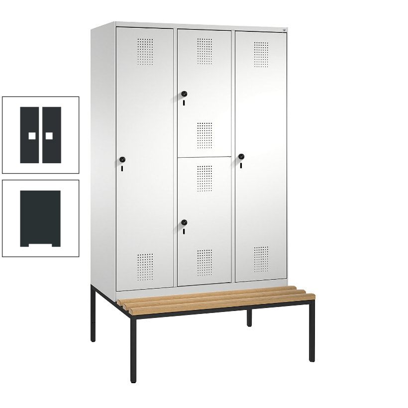 Garderobenschrank, Spind ein- und doppelstöckig Sitzbank, 3 Abteile, 4 Fächer, 2.090x1.200x500 mm (HxBxT), Front anthrazitgrau, Korpus anthrazitgrau