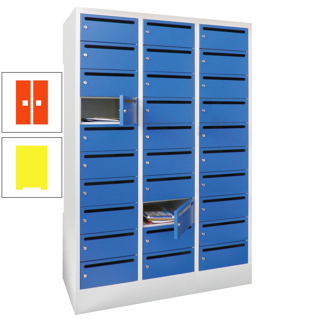 Postverteilerschrank, Schließfachschrank, 3 Abteile a 300 mm, 30 Fächer, 1.850 x 900 x 500 mm (HxBxT), Korpus anthrazitgrau, Front anthrazitgrau