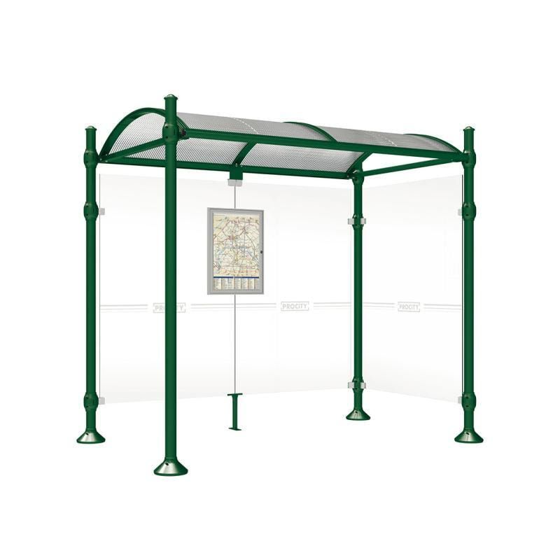 Buswartehalle, Unterstand, 2 Seitenwände, Kopf gebürsteter Edelstahl, ESG, Fahrplanschaukasten, 2.500 x 2.500 x 1.600 mm (HxBxT), Farbe enzianblau