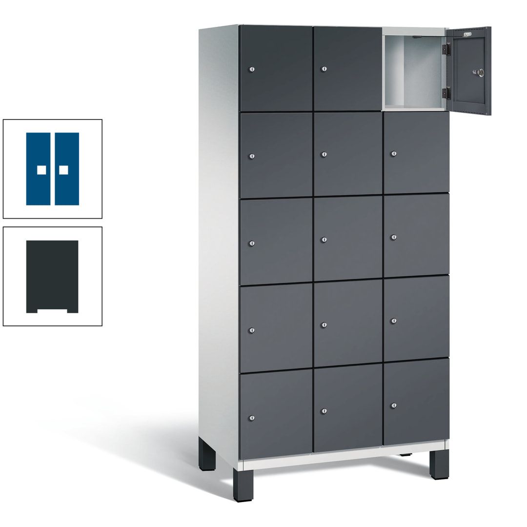 Fächerschrank, Stahlschrank, 15 Fächer, Türöffnungsbegrenzer, Füße, 1.980 x 900 x 525 mm (HxBxT), Korpus anthrazitgrau, Front anthrazitgrau