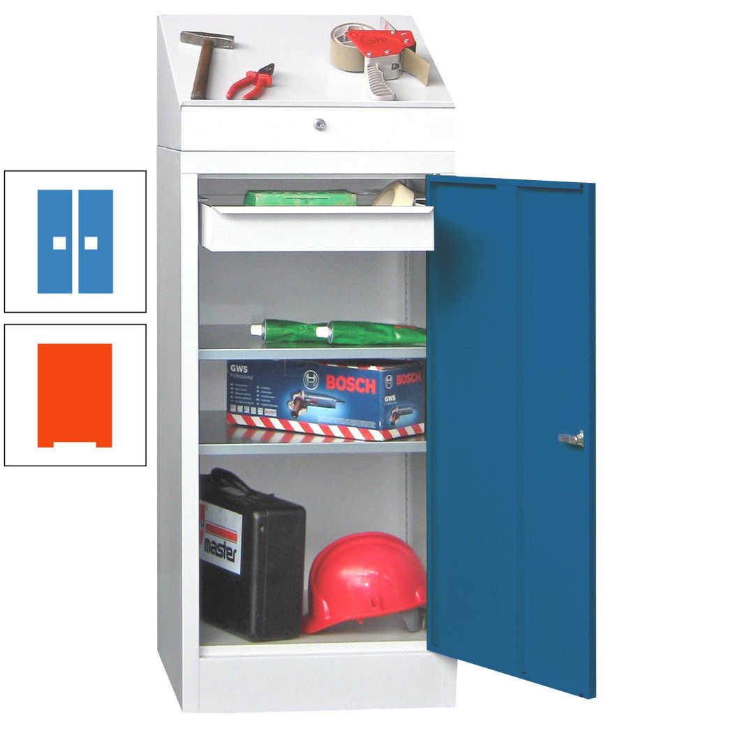 Stehpult mit Schrank - Vollblechtür - 1 Einlegeboden, 1 Ausziehboden, 1 Schublade - 1.270x500x500 mm (HxBxT) - anthrazitgrau