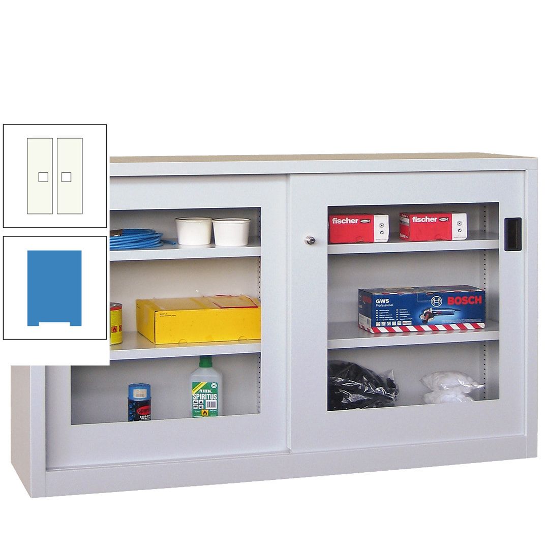 Schiebetürenschrank - Sichtfenstertüren - 1.000x1.500x600 mm (HxBxT) - 4 Böden, verzinkt - Zylinderschloss - anthrazitgrau