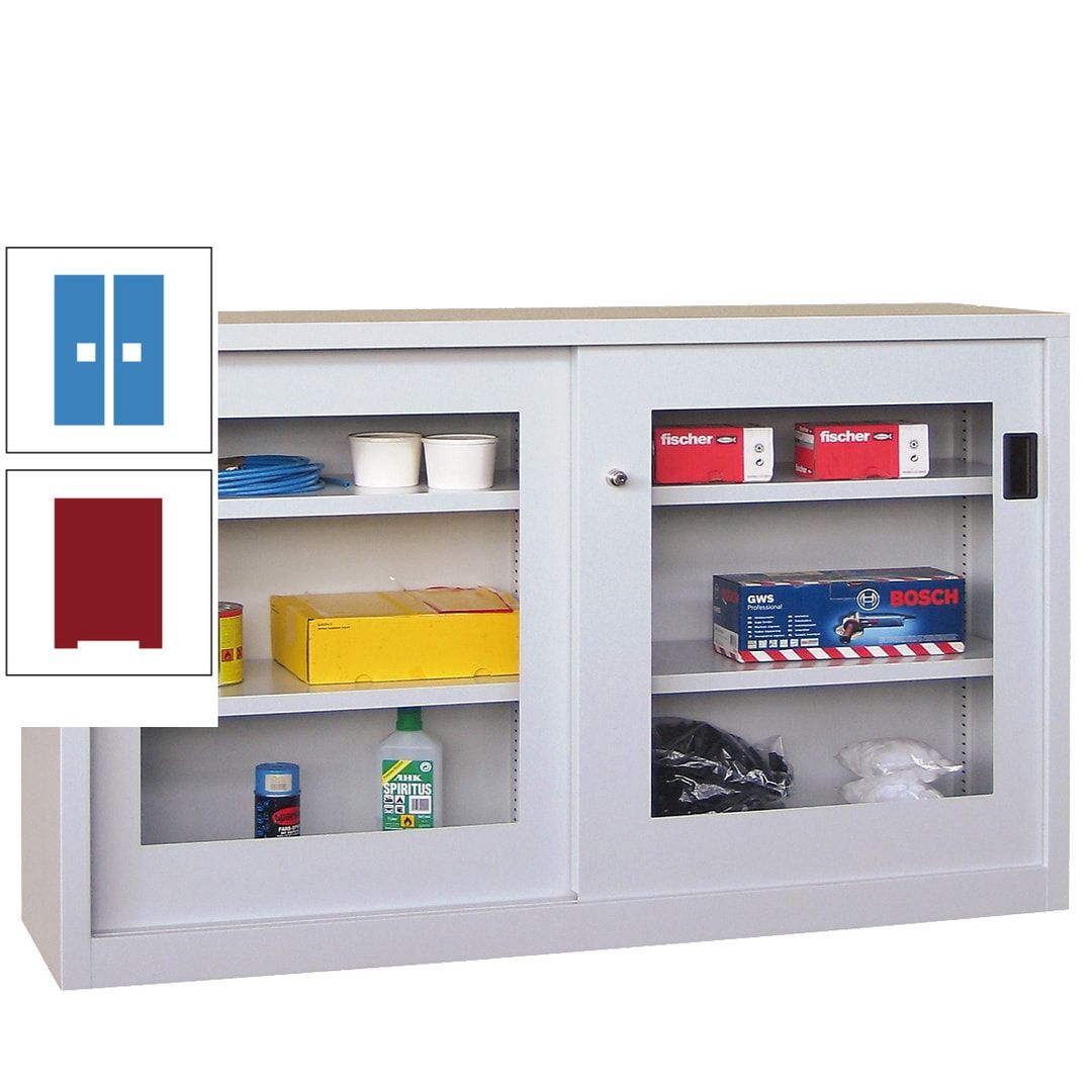 Schiebetürenschrank - Sichtfenstertüren - 1.000x1.500x600 mm (HxBxT) - 4 Böden, verzinkt - Zylinderschloss - anthrazitgrau
