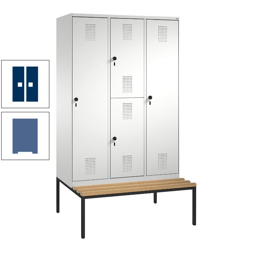 Garderobenschrank, Spind ein- und doppelstöckig Sitzbank, 3 Abteile, 4 Fächer, 2.090x1.200x500 mm (HxBxT), Front anthrazitgrau, Korpus anthrazitgrau