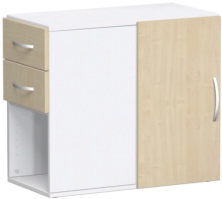 Anstellschrank, 2 Schubladen, Drehtür, Türdämpfer, 2 Ordnerhöhen, Stellfüße, 720 x 420 x 820 mm (HxBxT), Korpusfarbe Ahorn, Frontfarbe Buche