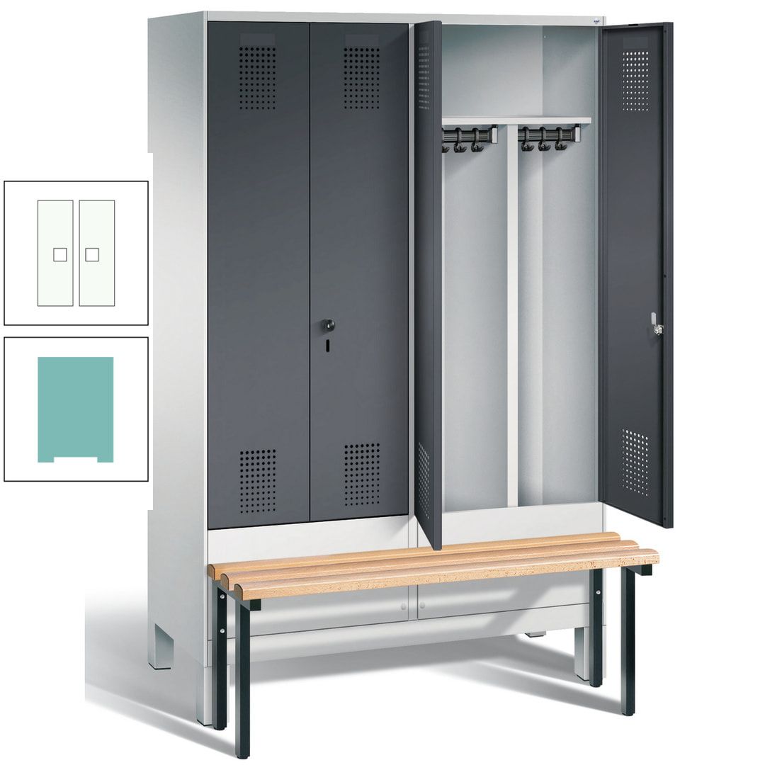 Doppel-Spind, Garderobenschrank, Buche Sitzbank vorgebaut, 4 Abteile a 300 mm, Korpus feuerrot, Tür Wasserblau, 1.850 x 1.200 x 815 mm (HxBxT)