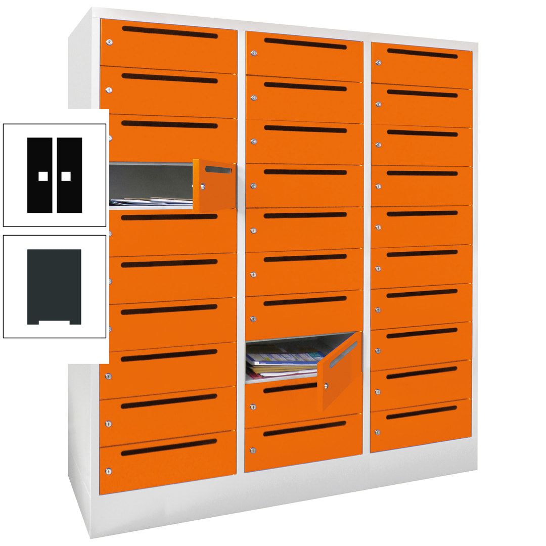 Postverteilerschrank, Schließfachschrank, 3 Abteile a 40 cm, 30 Fächer, 1.850 x 1.200 x 500 mm (HxBxT), Korpus anthrazitgrau, Front anthrazitgrau