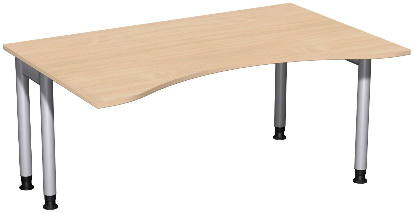 Ergo-Schreibtisch, Füße einseitig verkürzt, 4-Fuß Pro, höhenverstellbar, 680-800 x 1.600 x 1.000 mm (HxBxT), Gestell silber, Dekor Ahorn