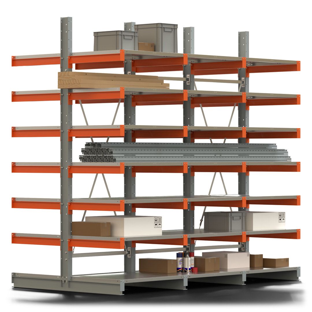 Doppelseitiges Kragarmregal mit Fachböden, 2 Felder, 3.000 x 2.000 (HxB), Nutztiefe 1.000 mm, Kragarmlast 450 kg, KARL basic, silbergrau/reinorange