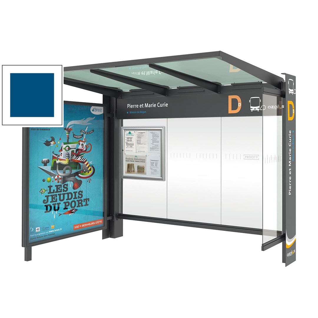 Buswartehalle, Haltestelle, Unterstand, Seitenverkeidung, Schaukasten, Infokasten, ESG, enzianblau (RAL 5010), 2.450 x 3.000 x 1.550 mm (HxBxT)