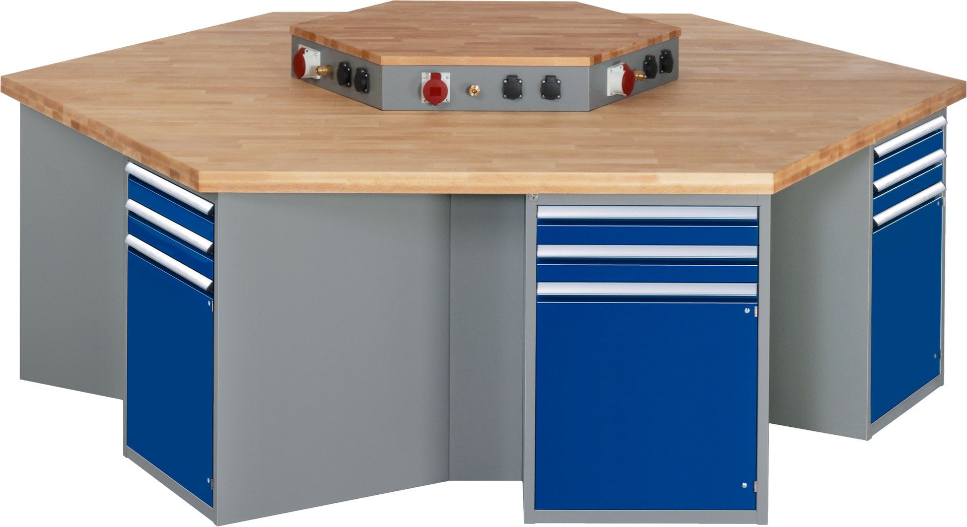 Gruppenwerkbank, Buche, Höhe 840 mm, mit Energieaufsatz, Unterbau-Container, 2 Schubladen, 1 Tür, 1 Boden - Anthrazitgrau