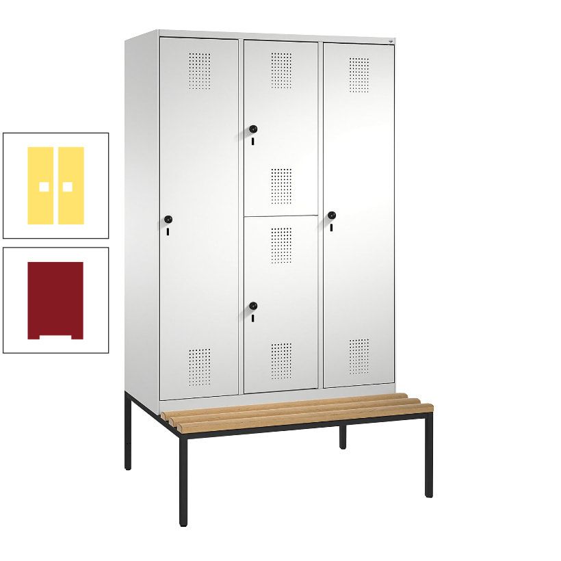 Garderobenschrank, Spind ein- und doppelstöckig Sitzbank, 3 Abteile, 4 Fächer, 2.090x1.200x500 mm (HxBxT), Front anthrazitgrau, Korpus anthrazitgrau