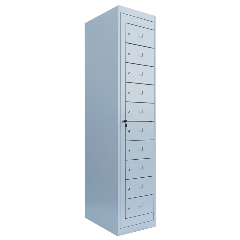 Verteilerschrank, Ausgabeschrank, Fächerschrank, Zentraltür, 1 Abteil, 10 Fächer, 1.800 x 400 x 500 mm (HxBxT), Korpus lichtgrau, Front enzianblau