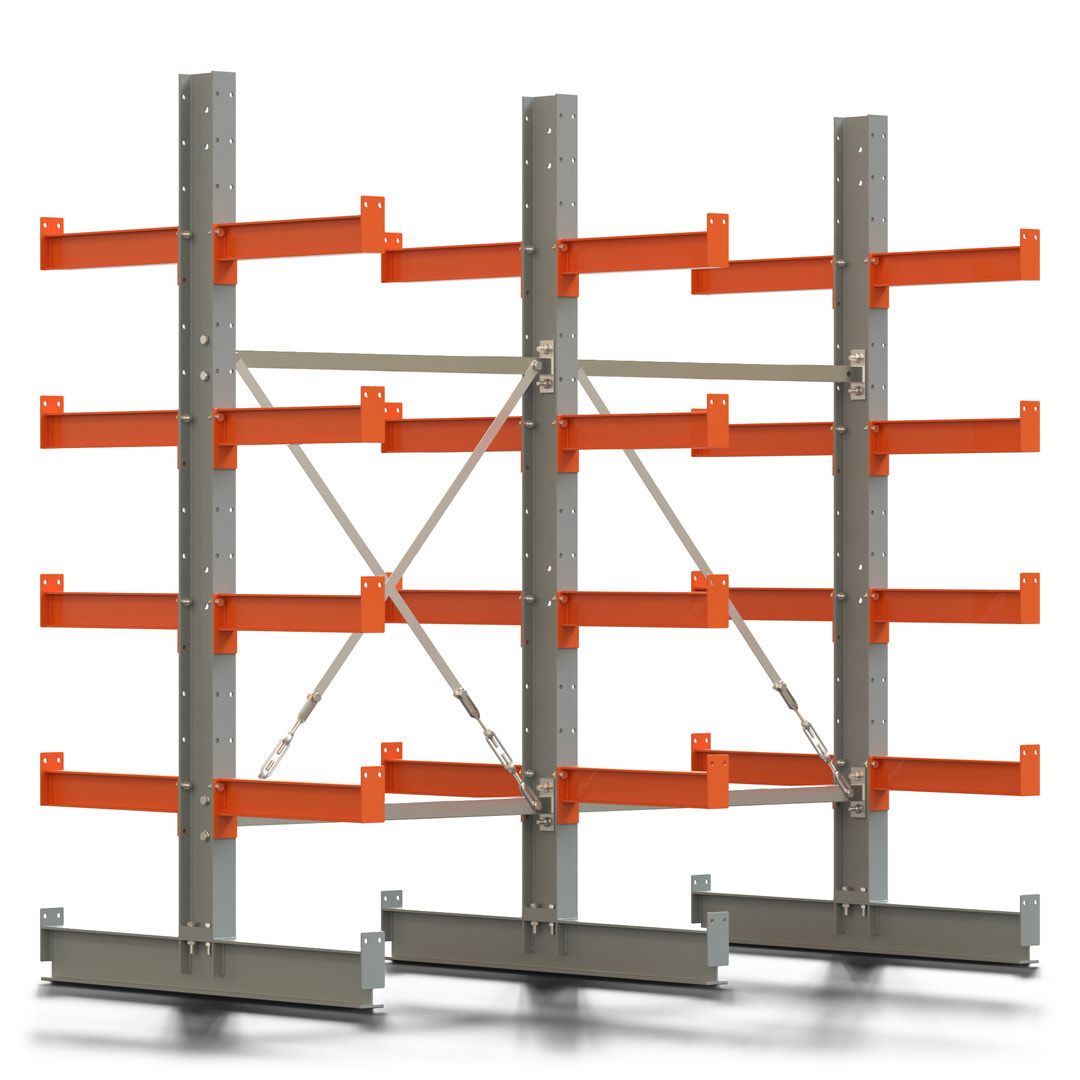 Doppelseitiges Kragarmregal, 2 Felder, 2.000 x 2.000 x 1.120 mm (HxBxT), Nutztiefe 500 mm, Kragarmlast 870 kg, KARL basic, silbergrau/reinorange
