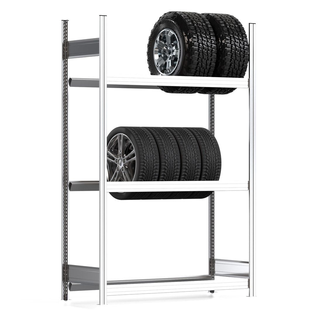Reifenregal mit Tiefenriegel - 250 kg - 2.000 x 1.285 x 500 mm (HxBxT) - 3 Ebenen - Anbauregal - Steckregal BERT