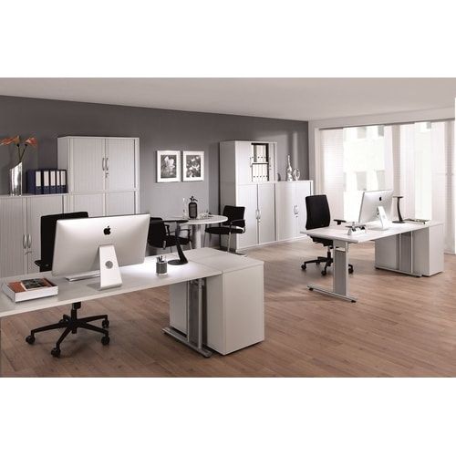 Eckschreibtisch, Bürotisch, Füße einseitig verkürzt, C-Fuß Flex, Ecke rechts, 720 x 1.800 x 1.000 mm (HxBxT), Gestell silber, Dekor Ahorn