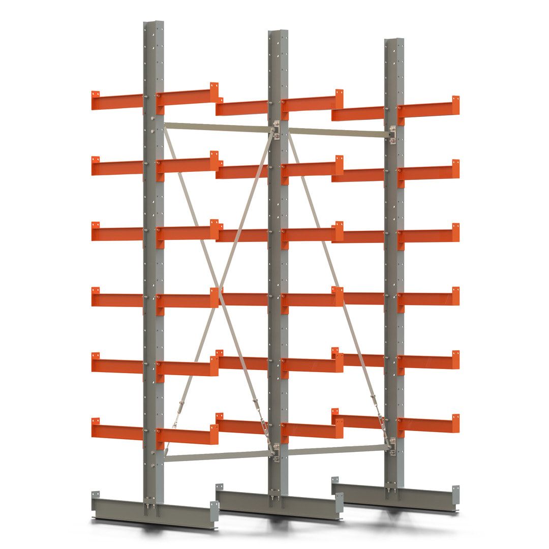 Doppelseitiges Kragarmregal, 2 Felder, 3.000 x 2.000 x 1.120 mm (HxBxT), Nutztiefe 500 mm, Kragarmlast 870 kg, KARL basic, silbergrau/reinorange