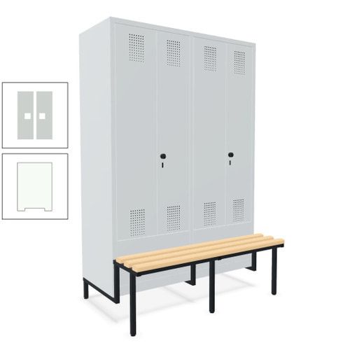 Doppel-Spind, Garderobenschrank, Buche Sitzbank integriert, 4 Abteile 300 mm, Korpus anthrazitgrau, Tür anthrazitgrau, 1.850 x 1.200 x 815 mm (HxBxT)