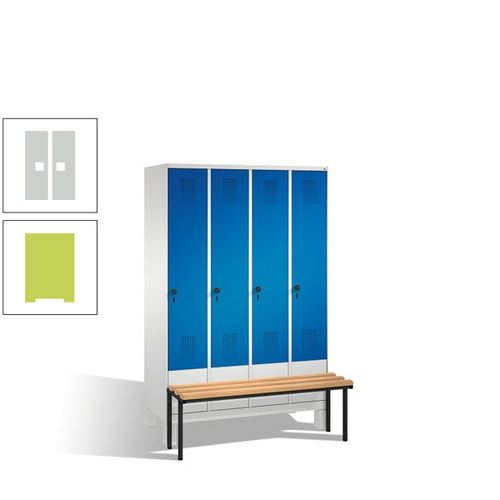 Stahl-Garderobenschrank, Spind, Buche Sitzbank vorgebaut, 4 Abteile a 300 mm, Korpus Lichtgrün, Tür Schwefelgelb, 1.850 x 1.200 x 815 mm (HxBxT)