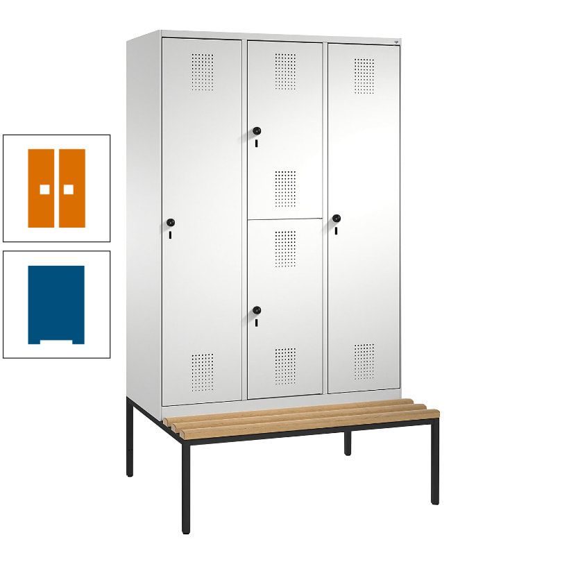 Garderobenschrank, Spind ein- und doppelstöckig Sitzbank, 3 Abteile, 4 Fächer, 2.090x1.200x500 mm (HxBxT), Front anthrazitgrau, Korpus anthrazitgrau