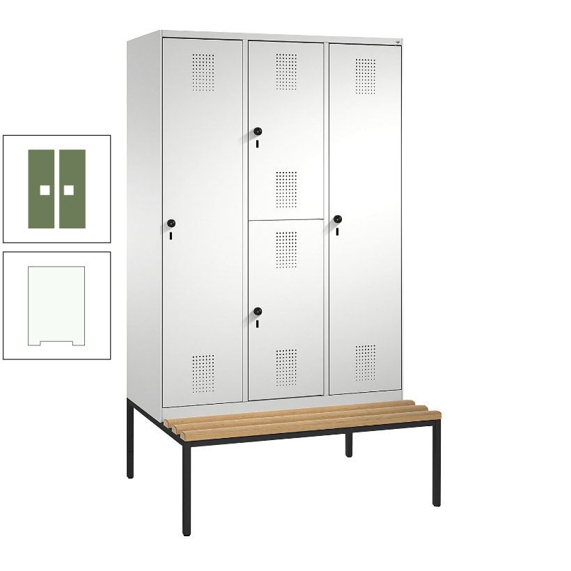 Garderobenschrank, Spind ein- und doppelstöckig Sitzbank, 3 Abteile, 4 Fächer, 2.090x1.200x500 mm (HxBxT), Front anthrazitgrau, Korpus anthrazitgrau