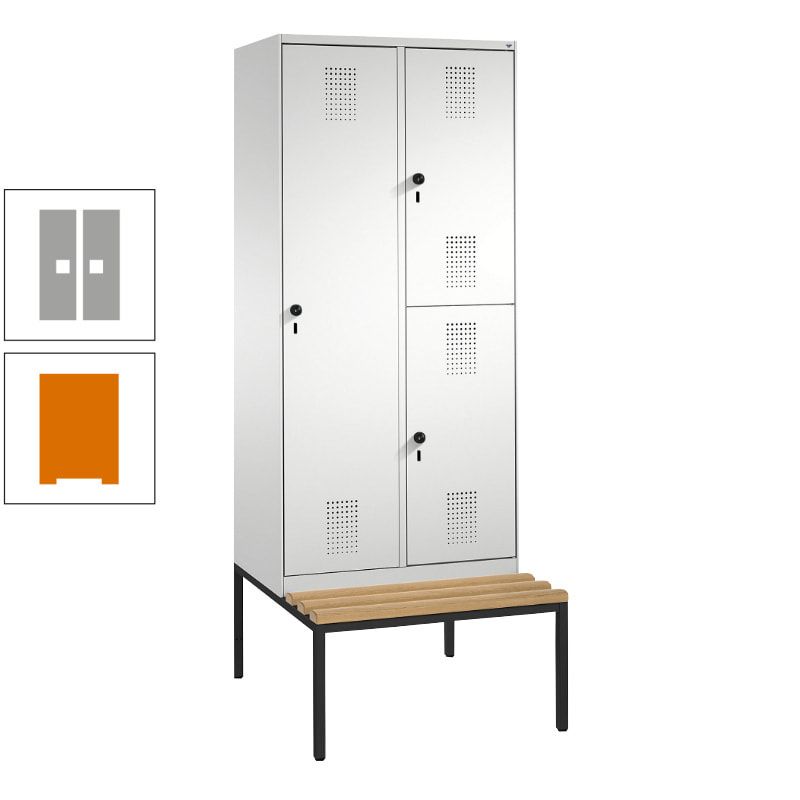 Garderobenschrank, Spind ein- und doppelstöckig Sitzbank, 2 Abteile, 3 Fächer, 2.090 x 800 x 500 mm (HxBxT), Front anthrazitgrau, Korpus anthrazitgrau