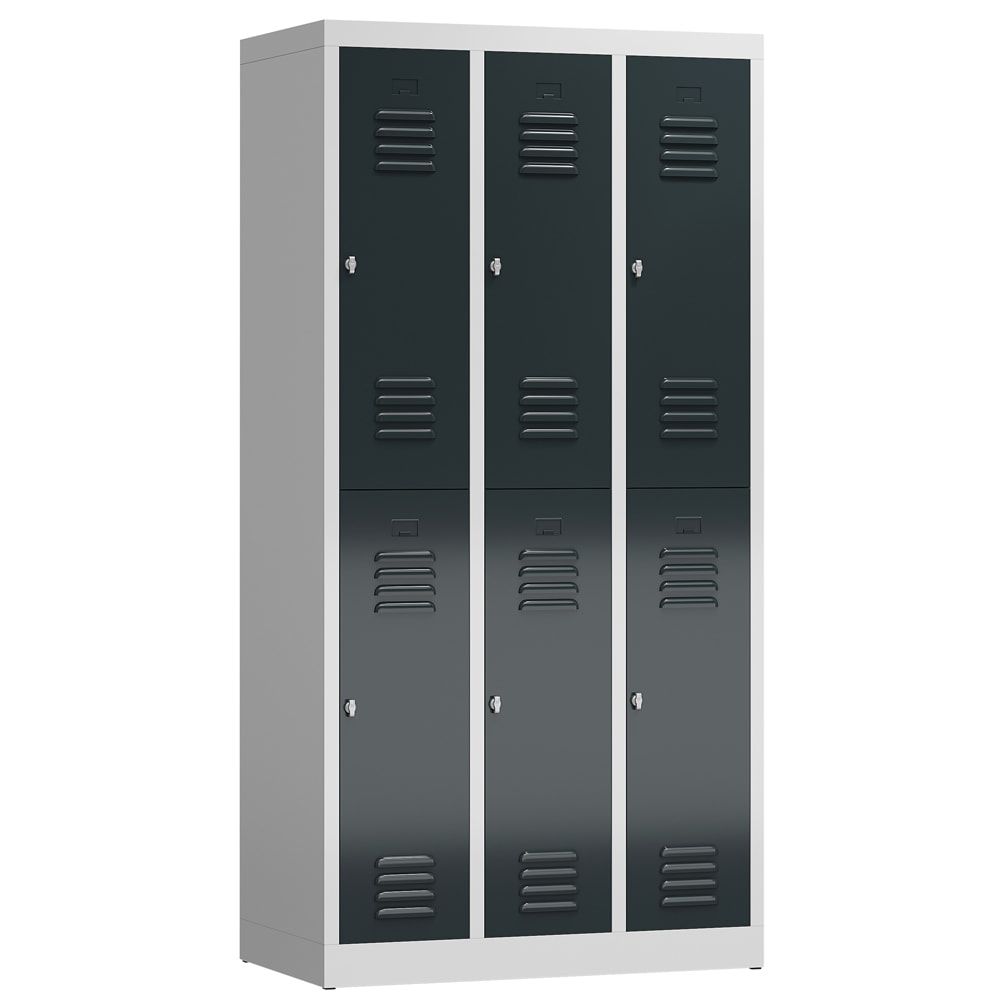 Garderobenschrank, Doppelstockspind, 3 Abteil, 6 Fächer, 1.800 x 870 x 500 mm (HxBxT), Stahl, Drehriegel, Korpus: lichtgrau, Front: anthrazitgrau